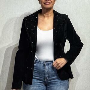 Mark Alan Black Suede Leather Rhinestone Studded Blazer Sz M